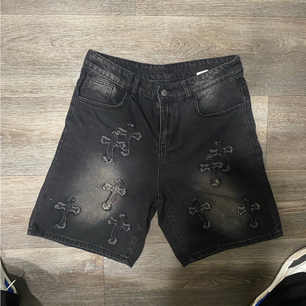 NFINITY Black Denim Shorts with Embroidery
